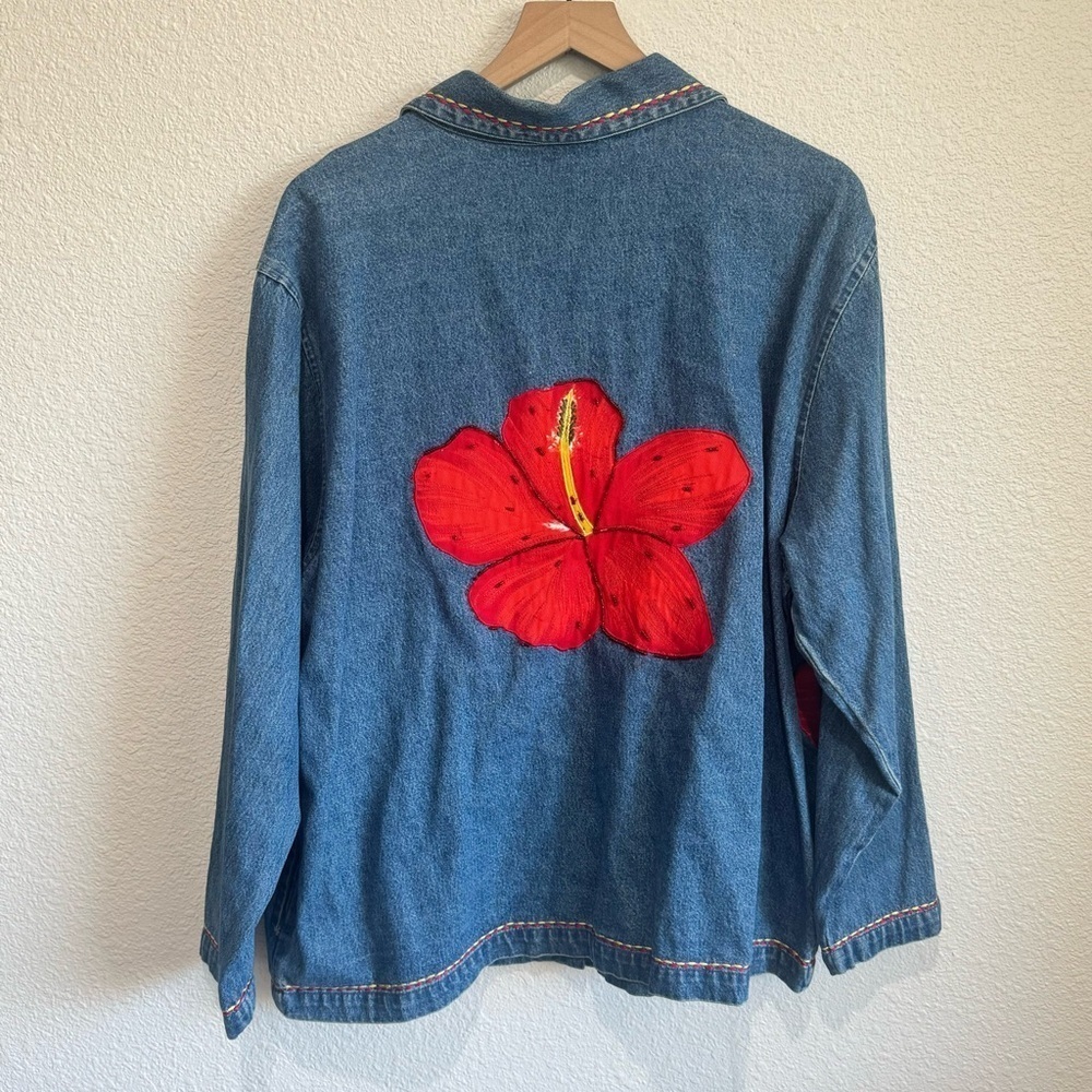 VTG Womens 1X Hibiscus Beaded Denim Jacket Boho Festival Floral Shacket Blue - Picture 5 of 10